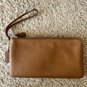 Coach Brown Pebbled Leather Double Zip Wristlet